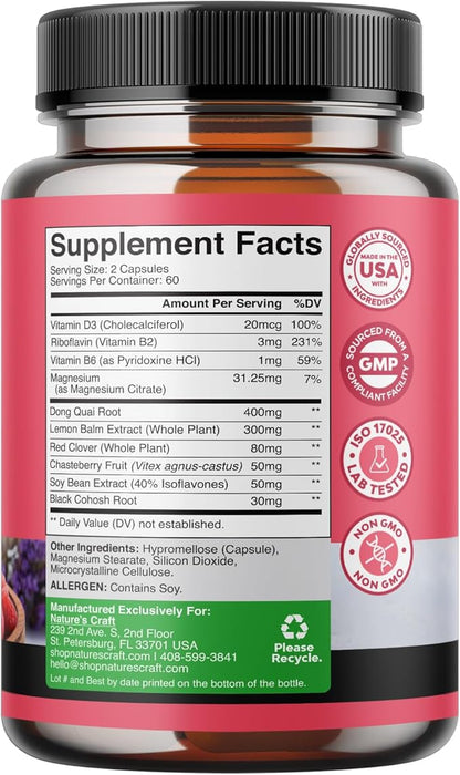 Complete Herbal Menopause Supplement for Women - Multibenefit Menopause Relief Hormone Balance for Women for Night Sweats Mood and More with Dong Quai Vitex Chaste Berry and Black Cohosh 60 Servings
