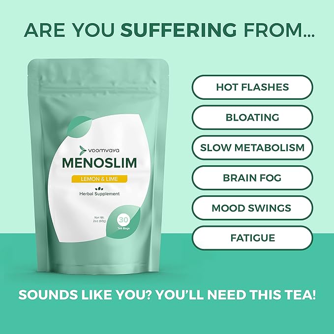 VoomVaya MenoSlim Tea - Hormone Balance Tea, Perimenopause & Estrogen Supplement for Women - for Bloating, Hot Flashes, Night Sweats & Meno-Belly - Lemon Lime Flavor - 30 Teabags