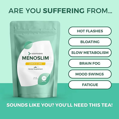 VoomVaya MenoSlim Tea - Hormone Balance Tea, Perimenopause & Estrogen Supplement for Women - for Bloating, Hot Flashes, Night Sweats & Meno-Belly - Lemon Lime Flavor - 30 Teabags