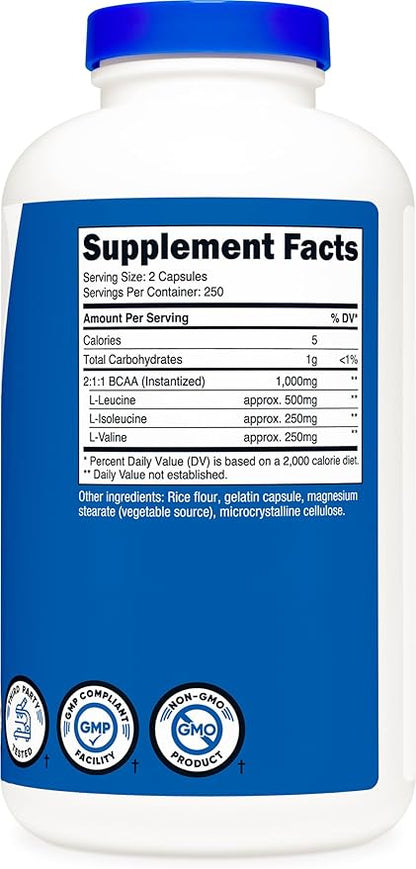 Nutricost BCAA Capsules 2:1:1 500mg, 500 Caps (3 Bottles)