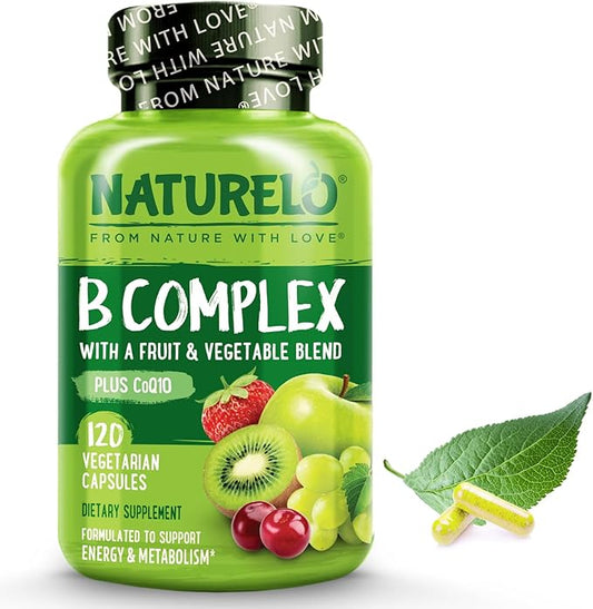 NATURELO Vitamin B Complex with Methyl B12, Methyl B6, Biotin CoQ10, and 120 Capsules