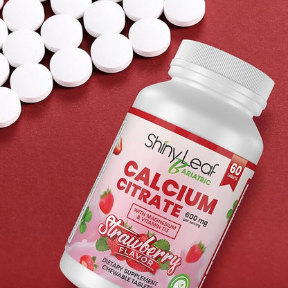 Shiny Leaf Bariatric Calcium Citrate 600mg - Supplement for Bariatric Surgery Patients, 60 Ct Chewable Tablets with Magnesium, Vitamin D3, Natural Strawberry Flavor, Vegetarian (4 Months)
