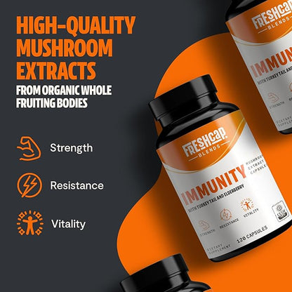 FreshCap Immunity Immune Support Supplement, Immune Boosters for Adults, Immunity Boost Supplement, Elderberry Vitamin C and Zinc, Turkey Tail Mushroom Supplement Capsules, Ayurveda (120 Capsules)