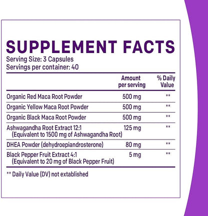 6-in-1 Organic Maca Root & Ashwagandha Capsules 1710mg w/DHEA & Black Pepper Fruit Extract - Maca Root Capsules for Women & Men - Stamina, Bone and Mood Support Supplement,120 Capsules (40 Servings)