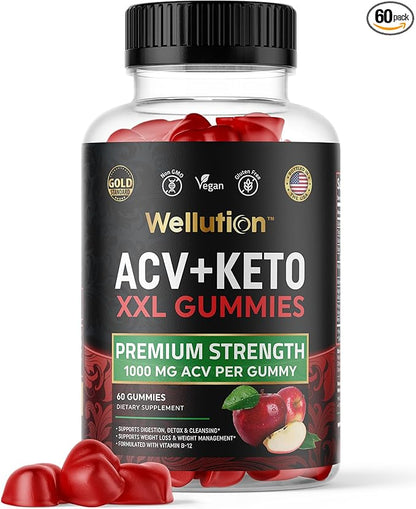 WELLUTION Keto Apple Cider Vinegar Gummies - 1000mg ACV, Vitamin B12, Folate & Antioxidants - 60 Vegan Gummies