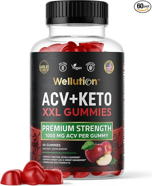 WELLUTION Keto Apple Cider Vinegar Gummies - 1000mg ACV, Vitamin B12, Folate & Antioxidants - 60 Vegan Gummies