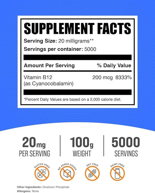 BulkSupplements.com Vitamin B12 Powder - as Cyanocobalamin, Vitamin B Supplement, Vitamin B12 200 mcg - Essential Vitamin, Gluten Free, 20mg per Serving, 100g (3.5 oz) (Pack of 1)