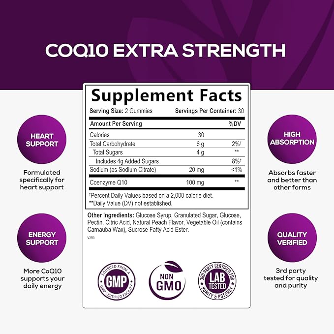 CoQ10 100mg Gummies 3X Better Q10 Vitamins, 10 Supplements, 60 CoQ10 CoQ10 Gummies