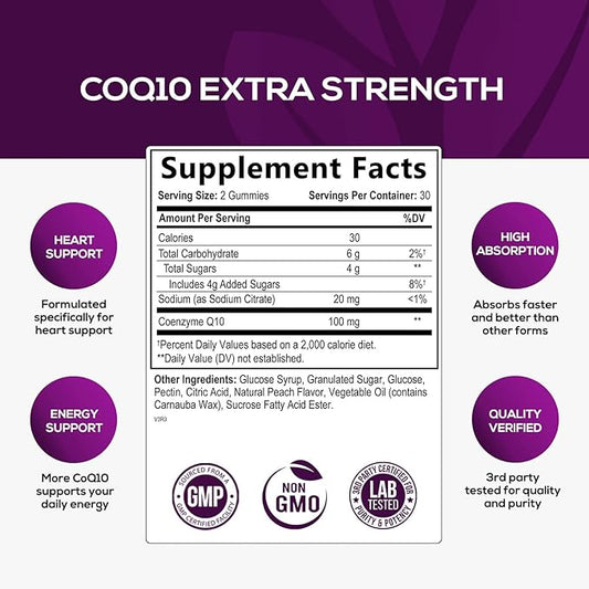 CoQ10 100mg Gummies 3X Better Q10 Vitamins, 10 Supplements, 60 CoQ10 CoQ10 Gummies
