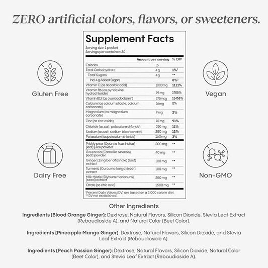 Hydralyte Liver Support + Electrolyte Mix with Milk Thistle, Turmeric, Ginger, Prickly Pear, Green Tea Extract Formulated for Rapid Rehydration (Variety Flavor, 30 Packets)