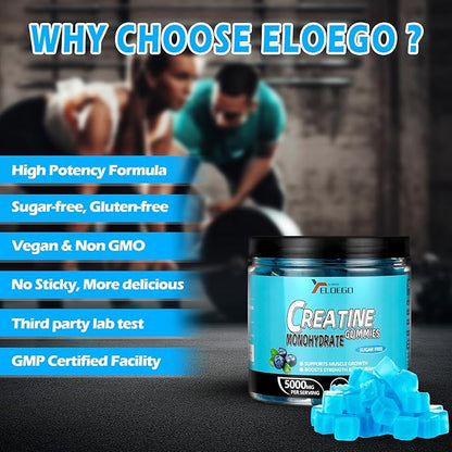 Creatine Monohydrate Gummies 5000mg Sugar Free for Men & Women, with L-Taurine + Vitamin B12 for Muscle Strength, Muscle Builder, Energy Boost, Pre-Workout Supplement Gummy, Blueberry-120 Count