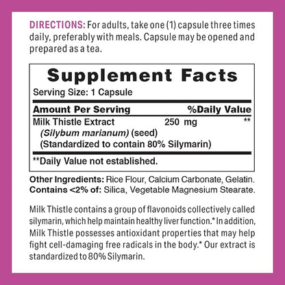 Vitamin World Milk Thistle (Silymarin) Standardized 250mg 100 100 Capsules,
