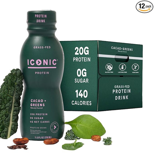 Iconic Protein Drinks, Cacao + Greens (12 Pack) - Sugarfree Protein Shakes with Organic Veggies & Unroasted Cacao - Low Carb, Lactose Free, Gluten Free, Soy Free - Keto Friendly