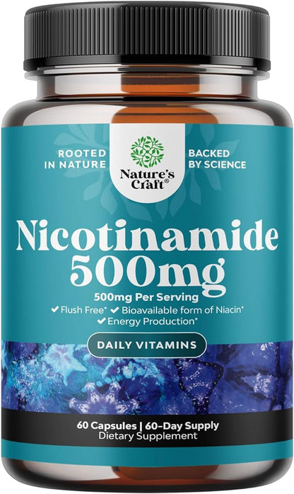 Vitamin B3 Niacinamide 500mg Capsules B3 Niacin 500mg Flush 500mg - 60 Count