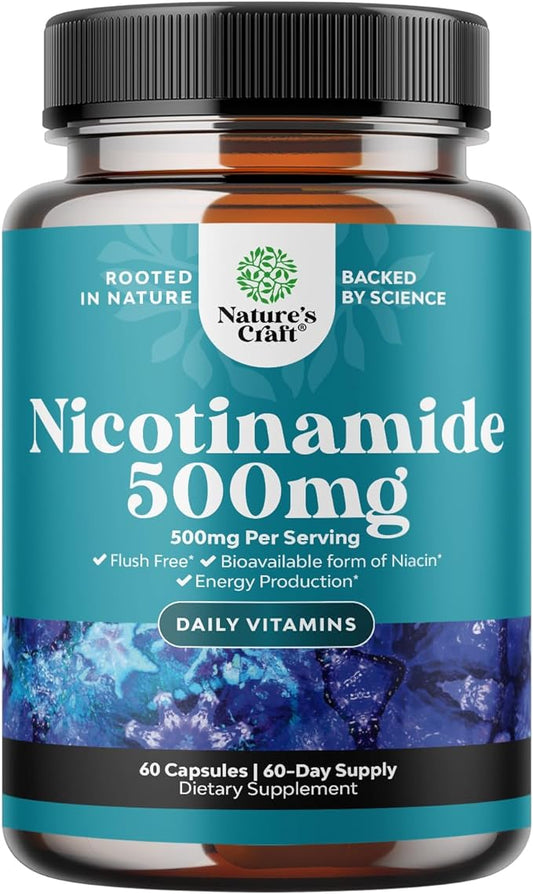 Vitamin B3 Niacinamide 500mg Capsules B3 Niacin 500mg Flush 500mg - 60 Count