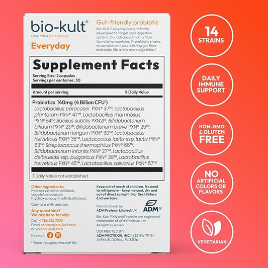 Bio-Kult Gut Health Probiotic Supplement, 14 Strains, Probiotics for Women & Men, Immune Support, Digestive Health, Shelf-Stable, Non-GMO and Gluten-Free, Capsules, 60 Count (Pack of 1)
