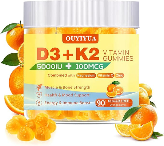 Vitamin D3 K2 Gummies, Vitamin D3 5000IU with K2 (MK-7) 100mcg Gummy for Women and Men, Sugar-Free D3 K2 Supplement with Magnesium, Vitamin C, Zinc Support Muscle, Bones & Immune