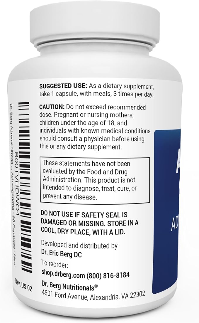 Dr. Berg’s Adrenal Stress Advanced Formula - Adrenal Support Supplements for Stress, Mood and Energy Support - Adrenal Supplements - Cortisol Manager with Ashwagandha - 90 Capsules