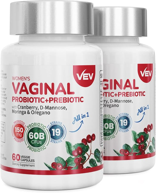 VEV Women’s Vaginal Probiotics + Prebiotics, 60 Billion CFUs, 19 Strains with D-Mannose, Cranberry, Supports Digestive, Vaginal and Feminine Wellness, Easy to Swallow, 120 Capsules (60-Day Supply)
