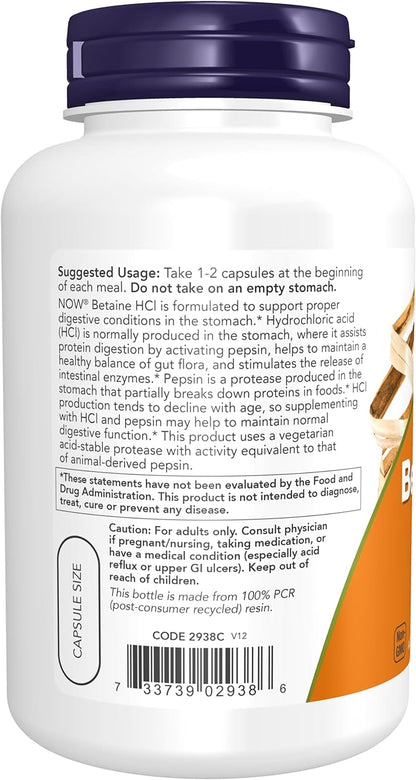 NOW Supplements, Betaine HCl 648 mg, 120 Veg
