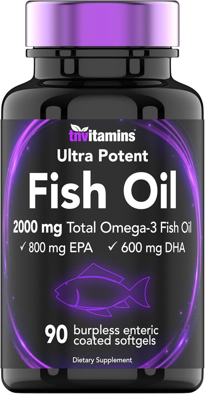 Burpless Omega-3 Fish Oil: 2000mg x 90 Softgels 1400mg Total Omega-3 Fatty (800mg EPA 600mg DHA)