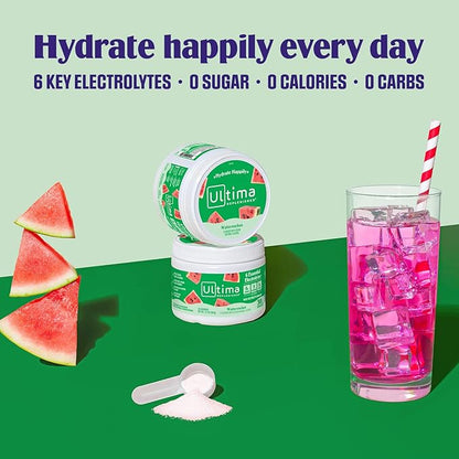 Ultima Replenisher Daily Electrolyte Powder Drink Mix – Watermelon, 30 Servings – Hydration Powder with 6 Key Electrolytes and Trace Minerals – Keto Friendly, Vegan, Non-GMO and Sugar-Free