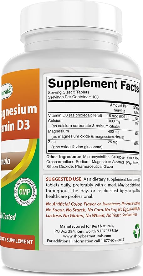 Best Naturals Calcium Magnesium Zinc D3, 300 300 Tablets 1000 mg, 400 mg, 25 mg D3 600 600 IU (3 Tablets)