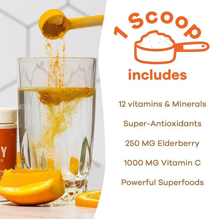 GOBIOTIX Vitamin C - Immune Defense Support Supplement - Immunity Powder Wellness Booster - Vegan Superfood - Elderberry, Turmeric, B12 Vitamin Supplement, Non-GMO and Sugar Free (Orange)