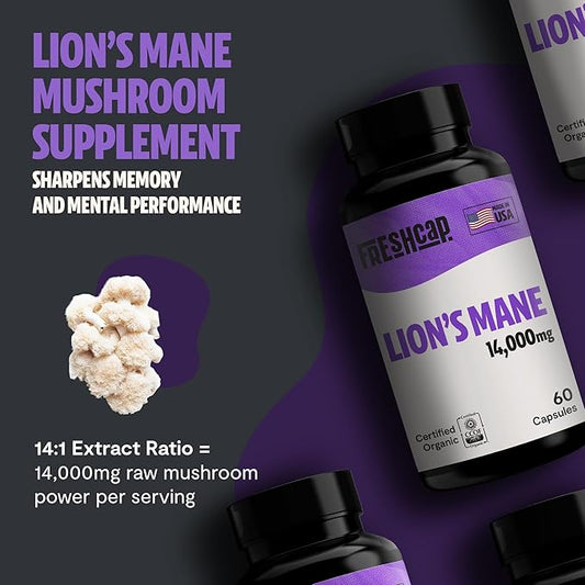 FreshCap Lions Mane Supplement Capsules 14,000mg - Lion's Mane Mushroom Capsules, Lions Mane Extract, Brain Supplements for Memory and Focus, Mood Support, Focus Supplement (60 Capsules)