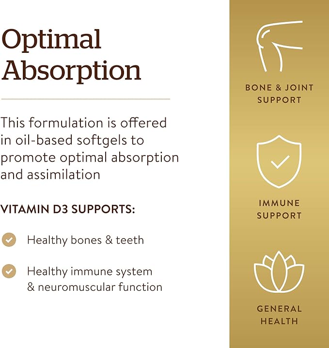 Solgar Vitamin D3 (Cholecalciferol) 125 MCG (5000 IU), 100 Softgels 100 Servings