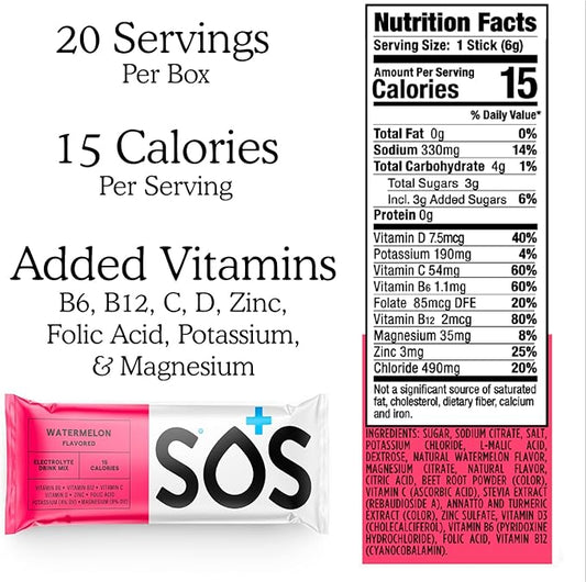 SOS Hydration Electrolyte Powder Drink Packets; Daily Hydration & Energy; Added Essential Vitamins; Low Sugar: 24 Servings
