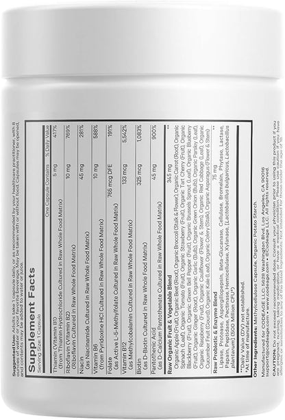Codeage Raw Vitamin B-Complex Supplement - Essential B Vitamins with Probiotics, Digestive Enzymes, Fruits & Vegetables - 2-Month Supply - Methylfolate - Biotin - Vitamin B12 - Non-GMO - 60 Capsules