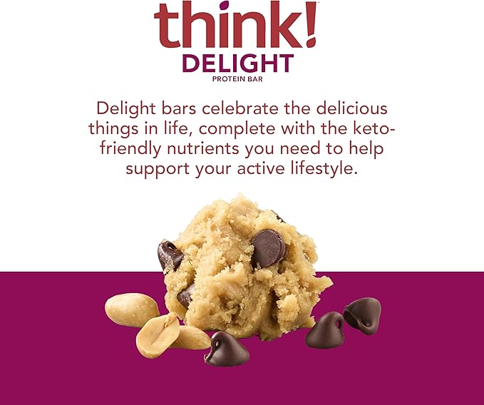 think! Delight, Keto Protein Bars, Healthy Low Carb, Gluten Free Snack - Chocolate Peanut Butter Cookie Dough, 10 Count (Packaging May Vary)