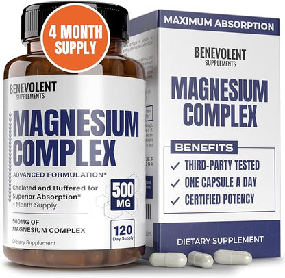 Magnesium Complex Supplement, 4 Month Supply of 500mg 5-in-1 Magnesium Bisglycinate, Oxide, Taurate, Chelate, Citrate, Max Absorption Magnesium Supplement for Calm, Sleep & Leg Cramps, 120 Capsule