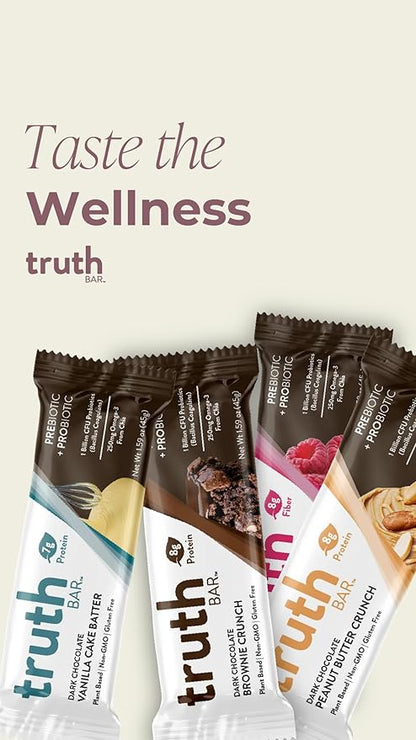 Truth Bar Prebiotic & Probiotic Keto Snack Vegan Bars with Omega-3's - Synbiotic High Fiber Snacks - Low Sugar, Kosher, Gluten Free - Dark Chocolate Peanut Butter Crunch (Pack of 12)
