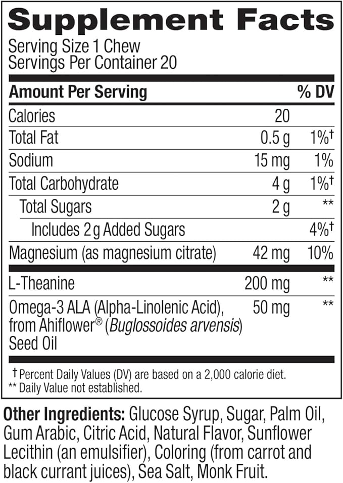 OLLY Chill Thinker Brainy Chews, Plus L-Theanine, Magnesium & Omega-3 for a Relaxed State of Mind, Pomegranate Blueberry Flavor, 20 Count