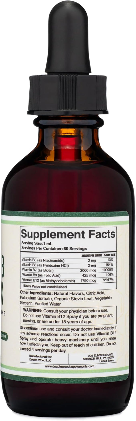 Double Wood Supplements Liquid Vitamin B Complex 2 Month B3, B6, B6, B7 B7 (Biotin), B9, and B12 - 2 FL
