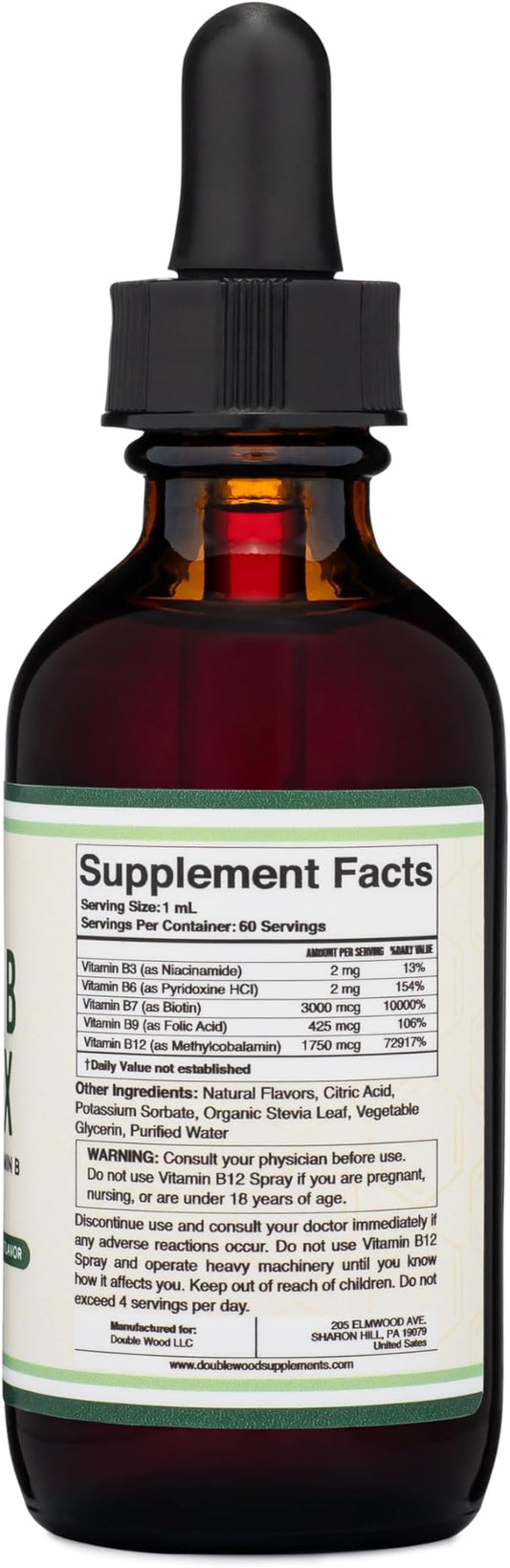 Double Wood Supplements Liquid Vitamin B Complex 2 Month B3, B6, B6, B7 B7 (Biotin), B9, and B12 - 2 FL
