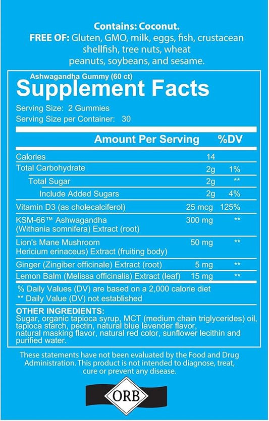 Ashwagandha Gummies Mixed Berry KSM-66, Lion's Mane, Vitamin-D, Non-GMO, Gluten-Free, Gelatin Free & Kosher | for Daily Focus Boost (120 Count (Pack of 2))