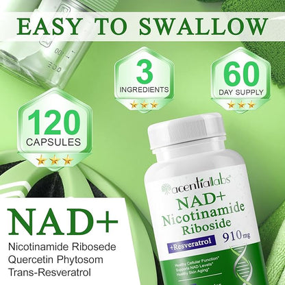 NAD+ Supplement 910mg - Liposomal Nicotinamide Riboside, Resveratrol, Quercetin, NAD Supplement Vitamin D3, Vitamin C - Cellular Energy, Repair and Aging for Men and Women, 120 Capsules