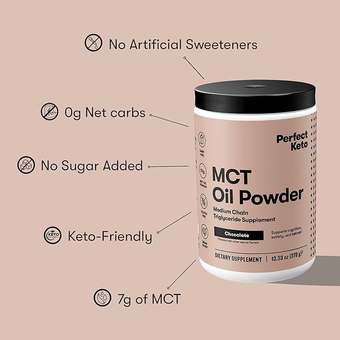 Perfect Keto 7g MCT Oil Powder, Medium Chain Triglycerides Supplement, Non Dairy Coffee Creamer for Keto Diet, Ketogenic MCT Oil Mix for Coffee, Smoothie, Protein Shakes, Chocolate, 30 Servings