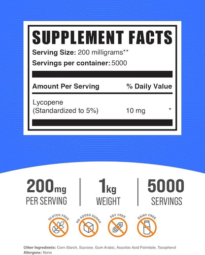 BulkSupplements.com Lycopene Powder - Lycopene Supplement, Lycopene 10mg - Antioxidants Supplement, Gluten Free, 200mg per Serving, 1kg (2.2 lbs) (Pack of 1)