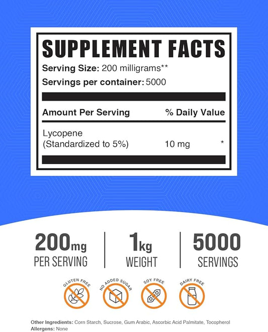 BulkSupplements.com Lycopene Powder - Lycopene Supplement, Lycopene 10mg - Antioxidants Supplement, Gluten Free, 200mg per Serving, 1kg (2.2 lbs) (Pack of 1)