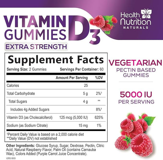 Vitamin D3 Gummies Extra Strength 5000 (125 mcg) 120 Gummies