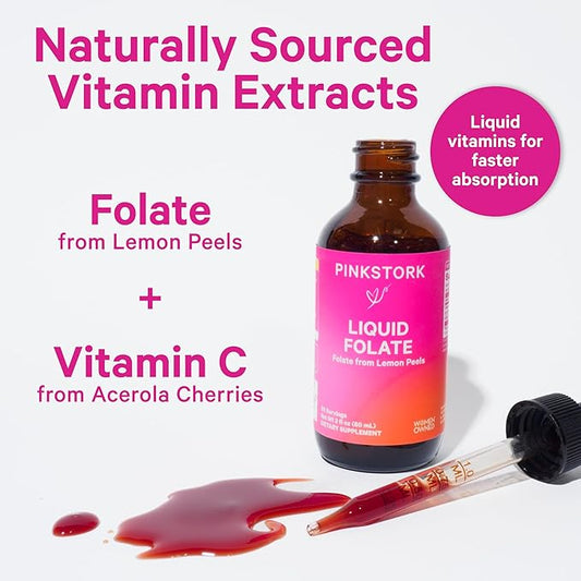 Pink Stork Liquid Folate: Whole-Food Vitamin B9 from Lemon Peels, Natural Folic Acid with Vitamin C, Liquid Prenatal Vitamins for Women, Pregnancy Must Haves, Women-Owned, 2 oz
