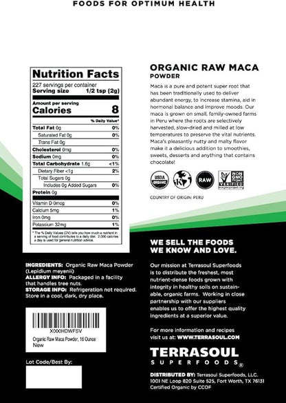 Terrasoul Superfoods Organic Raw Maca Powder, 1 Lb - Premium Quality, Supports Increased Stamina & Energy