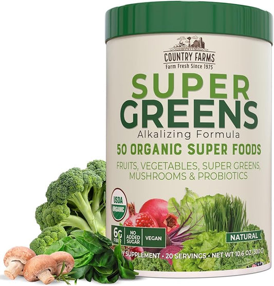 COUNTRY FARMS Super Greens Natural Flavor, 50 Organic 20 Servings, 10.6 Oz