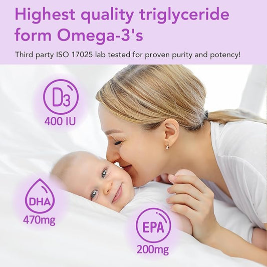 Premom Prenatal DHA Fish Oil: Triglyceride 3 with 470mg DHA, 200mg EPA 400 IU D3 Supplement