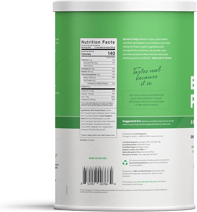 Sprout Living Epic Protein, Plant Based 20 Grams (2 Pound, 24 Servings)