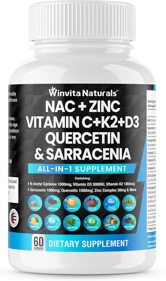 NAC Supplement N-Acetyl Cysteine 1000mg Vitamin D3 K2, K2, Zinc, 1000mg Quercetin 1000mg with